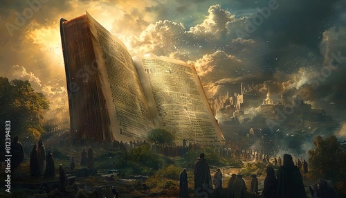 A fantasy illustration showing a giant book with pages depicting historical population growth over centuries