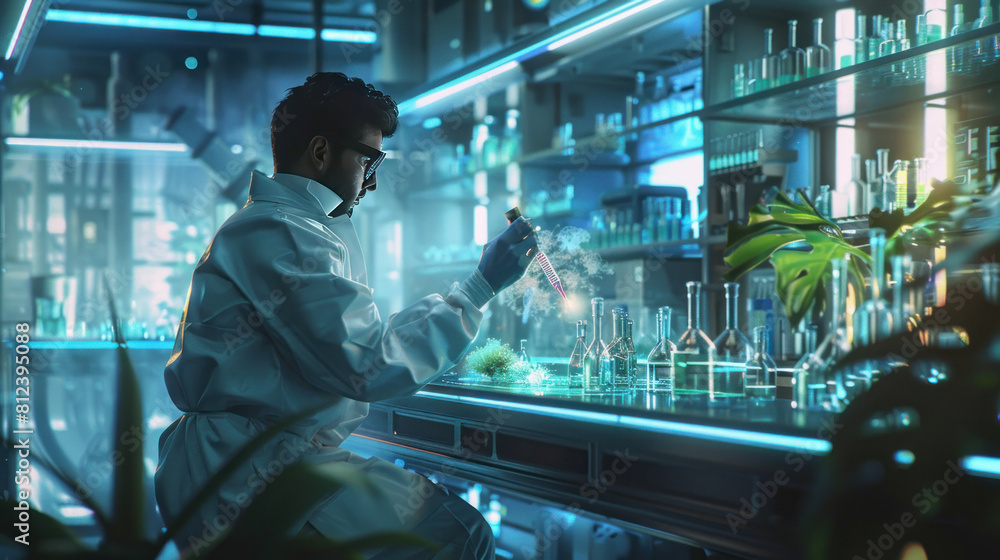 Witness the potential of biotechnology in healthcare with a wide banner hologram showcasing a scientist holding medical testing tubes or vials, leading pharmaceutical research. Witness the potential of biotechnology in healthcare with a wide banner hologram showcasing a scientist holding medical testing tubes or vials, leading pharmaceutical research.