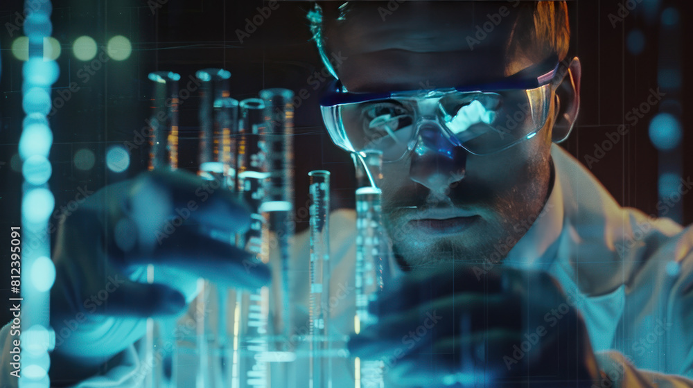 Witness the potential of biotechnology in healthcare with a wide banner hologram showcasing a scientist holding medical testing tubes or vials, leading pharmaceutical research. Witness the potential of biotechnology in healthcare with a wide banner hologram showcasing a scientist holding medical testing tubes or vials, leading pharmaceutical research.