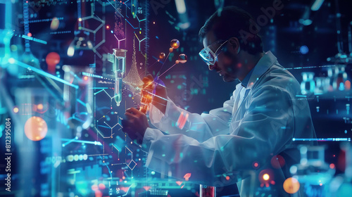 Witness the potential of biotechnology in healthcare with a wide banner hologram showcasing a scientist holding medical testing tubes or vials, leading pharmaceutical research.
