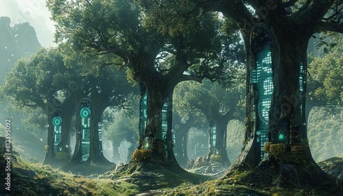 A fantasy landscape where the trees have digital displays on their trunks showing realtime energy savings photo