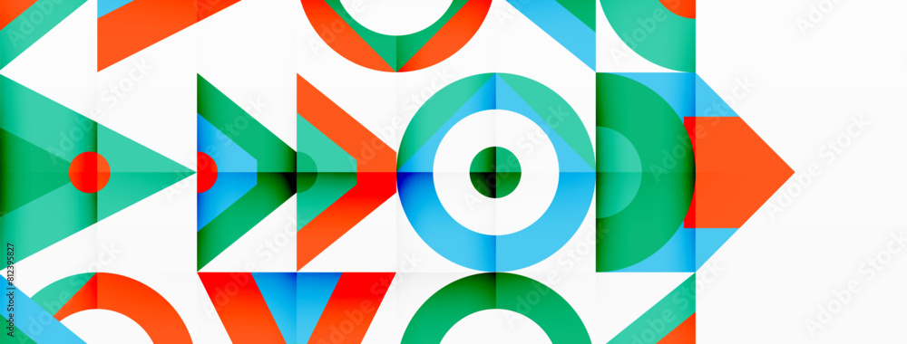 A vibrant geometric pattern featuring colorful arrows, triangles, and circles in electric blue hues on a white background, emphasizing symmetry and creativity in art A vibrant geometric pattern featuring colorful arrows, triangles, and circles in electric blue hues on a white background, emphasizing symmetry and creativity in art