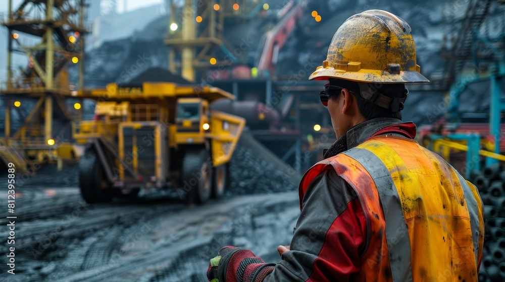 Workers in hard hats and safety vests operate heavy machinery in a coal mine, showcasing the skilled workforce needed in the industry Workers in hard hats and safety vests operate heavy machinery in a coal mine, showcasing the skilled workforce needed in the industry