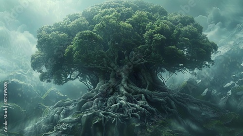 A fantasy scene where a gigantic tree s roots are visible brains, intertwined deeply within the earth photo