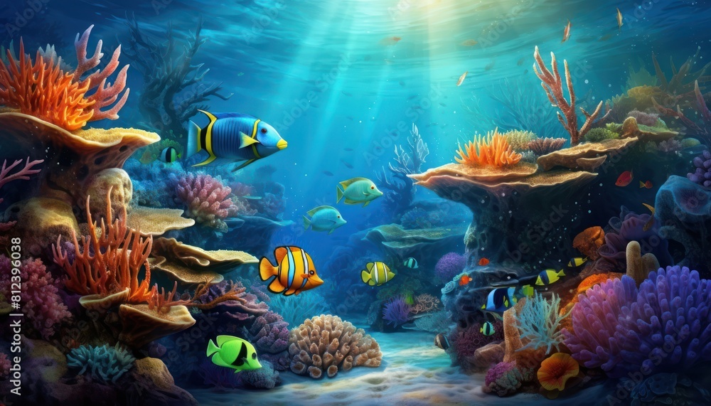 Tropical fish in the underwater, coral reef, amazing underwater life, various fish and exotic coral reefs, ocean wild creatures background