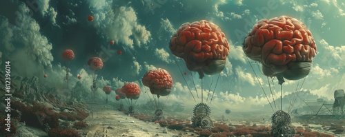 A fantasy scene where brains float like balloons, tethered to gears on the ground, depicting the weight of thoughts