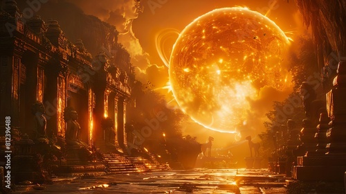 A fantasy scene where the sun is a giant glowing orb held aloft by statues, channeling solar energy to the ground below photo