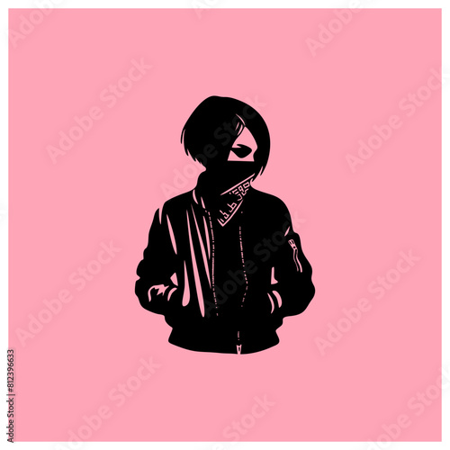 silhouette of punk anarchy girl wear jacket and mask