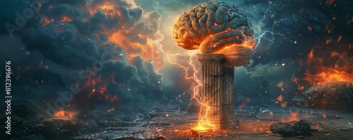 A fantasy view of a brain chained to an ancient stone pillar, crackling with electricity as fire burns around it photo