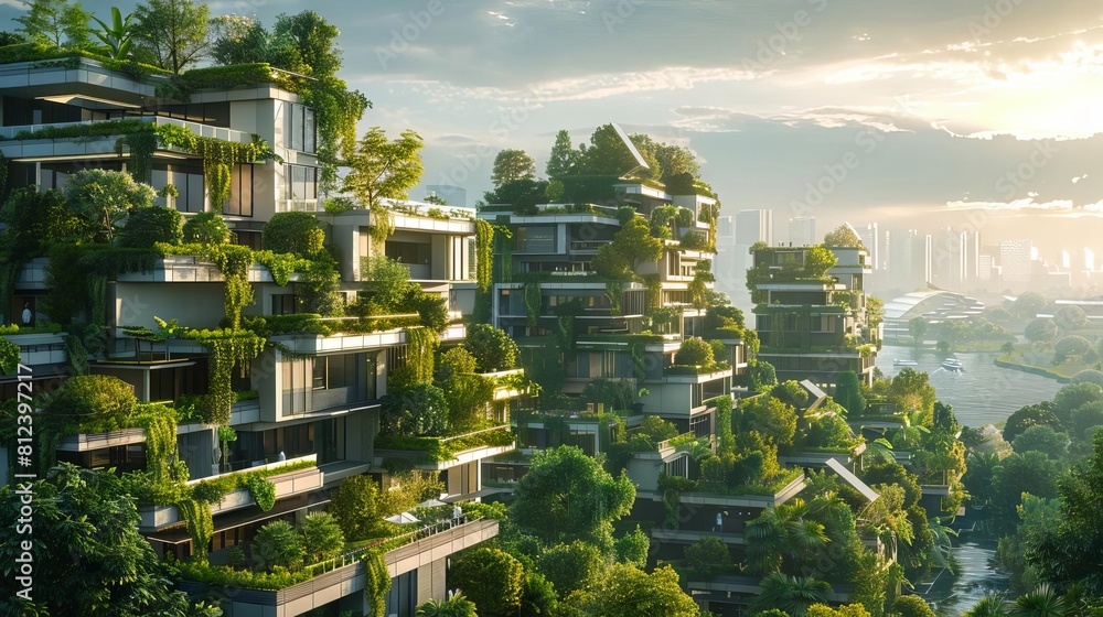 A futuristic cityscape with buildings integrated with green living walls and white solar roofs A futuristic cityscape with buildings integrated with green living walls and white solar roofs