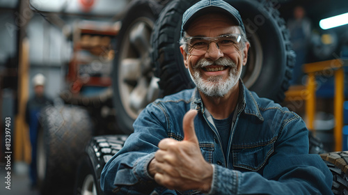Smiling mechanic showing thumbs up with car tire in th