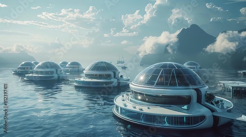 A futuristic concept where clouds are engineered to collect solar energy, depicted as floating solar stations photo