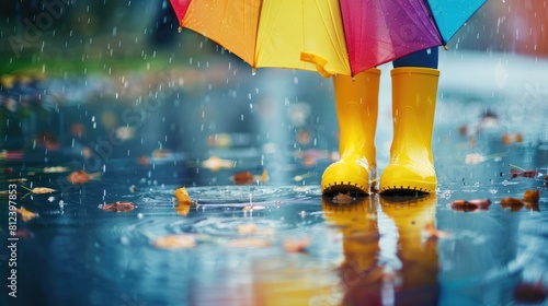 Child s feet in yellow rubber boots and colorful umbrella in the rain with a blurred background