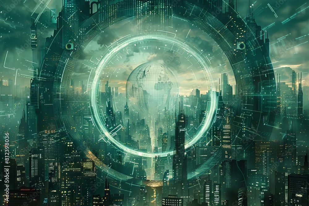 A futuristic vision of a cityscape with buildings and streets that mesh like gears around a globe center A futuristic vision of a cityscape with buildings and streets that mesh like gears around a globe center