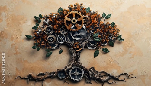 A gear system that forms the branches of a tree, with leaves sprouting from each cog photo