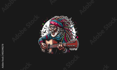 grandma playing guitar with dreadlocks vector artwork design