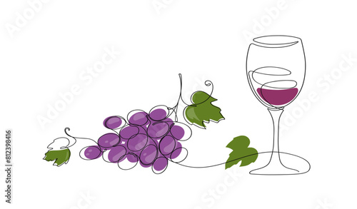 Continuous one line of wine glass with grape bunch on white background. Vine. Hand drawn minimalistic design.