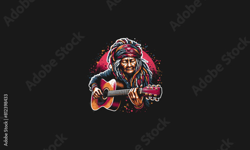 grandma playing guitar with dreadlocks vector artwork design