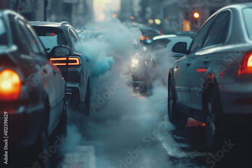 Urban scene with cars emitting thick smoke, highlighting issues of air pollution and global warming. Environmental protection theme © PHTASH