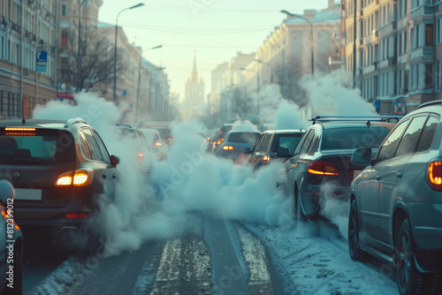 Urban scene with cars emitting thick smoke, highlighting issues of air pollution and global warming. Environmental protection theme