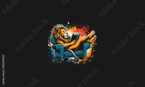 lion relax reading book vector illustration logo design
