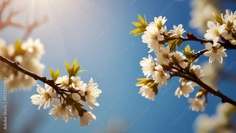 spring clear sky background with blooming white flowers. spring clear sky background with blooming white flowers.