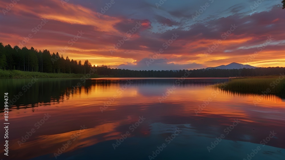 A mesmerizing sunset over a calm lake with vibrant colors reflecting on the water A mesmerizing sunset over a calm lake with vibrant colors reflecting on the water