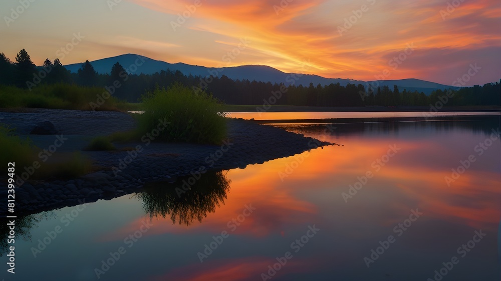 A mesmerizing sunset over a calm lake with vibrant colors reflecting on the water A mesmerizing sunset over a calm lake with vibrant colors reflecting on the water