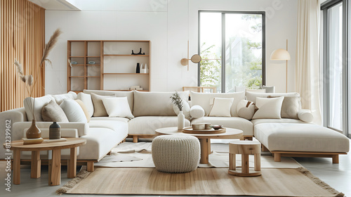 Modern Scandinavian Living Room Interior with Comfortable Sofa and Elegant Wooden Furniture