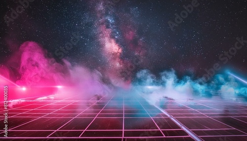 Synthwave vaporwave retrowave cyber background with copy space  laser grid  starry sky  blue and purple glows with smoke and particles. retro background 