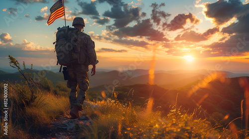 Soldier with USA Flag at Sunrise photo