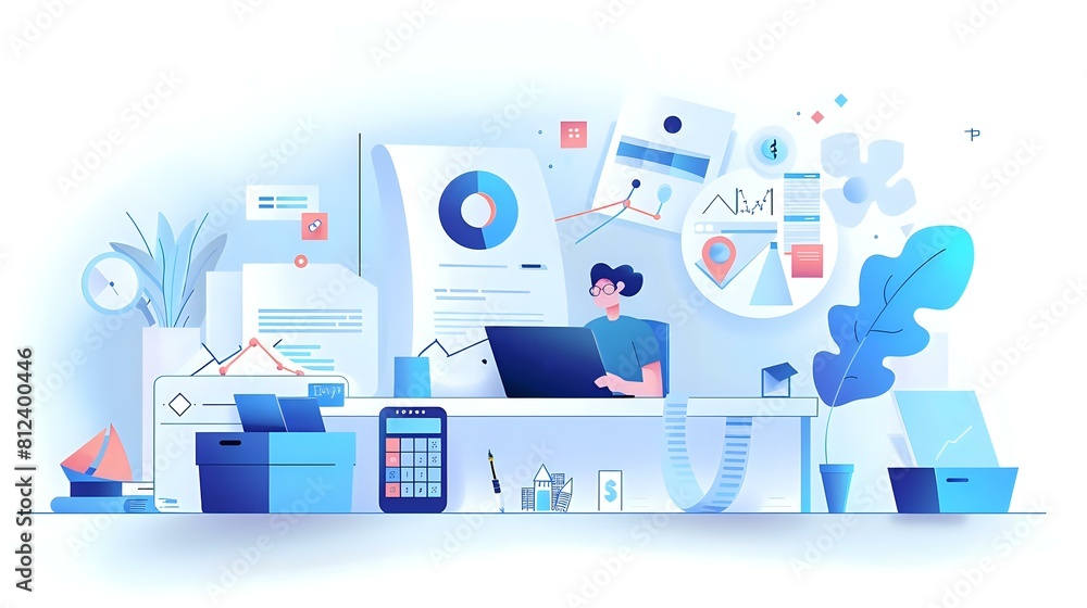 Fototapeta premium Tax Analyst at Work: Calculators, Spreadsheets, and Legal References