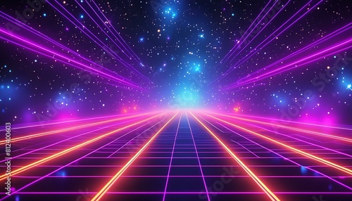 Synthwave vaporwave retrowave cyber background with copy space, laser grid, starry sky, blue and purple glows with smoke and particles. retro background 