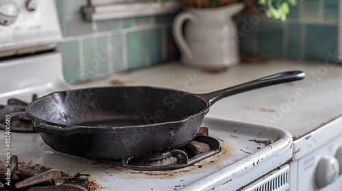 A vintage cast iron skillet resting on a white stove, exuding rustic charm and culinary potential.