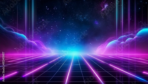 Synthwave vaporwave retrowave cyber background with copy space, laser grid, starry sky, blue and purple glows with smoke and particles. 