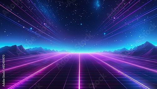 Synthwave vaporwave retrowave cyber background with copy space  laser grid  starry sky  blue and purple glows with smoke and particles. 