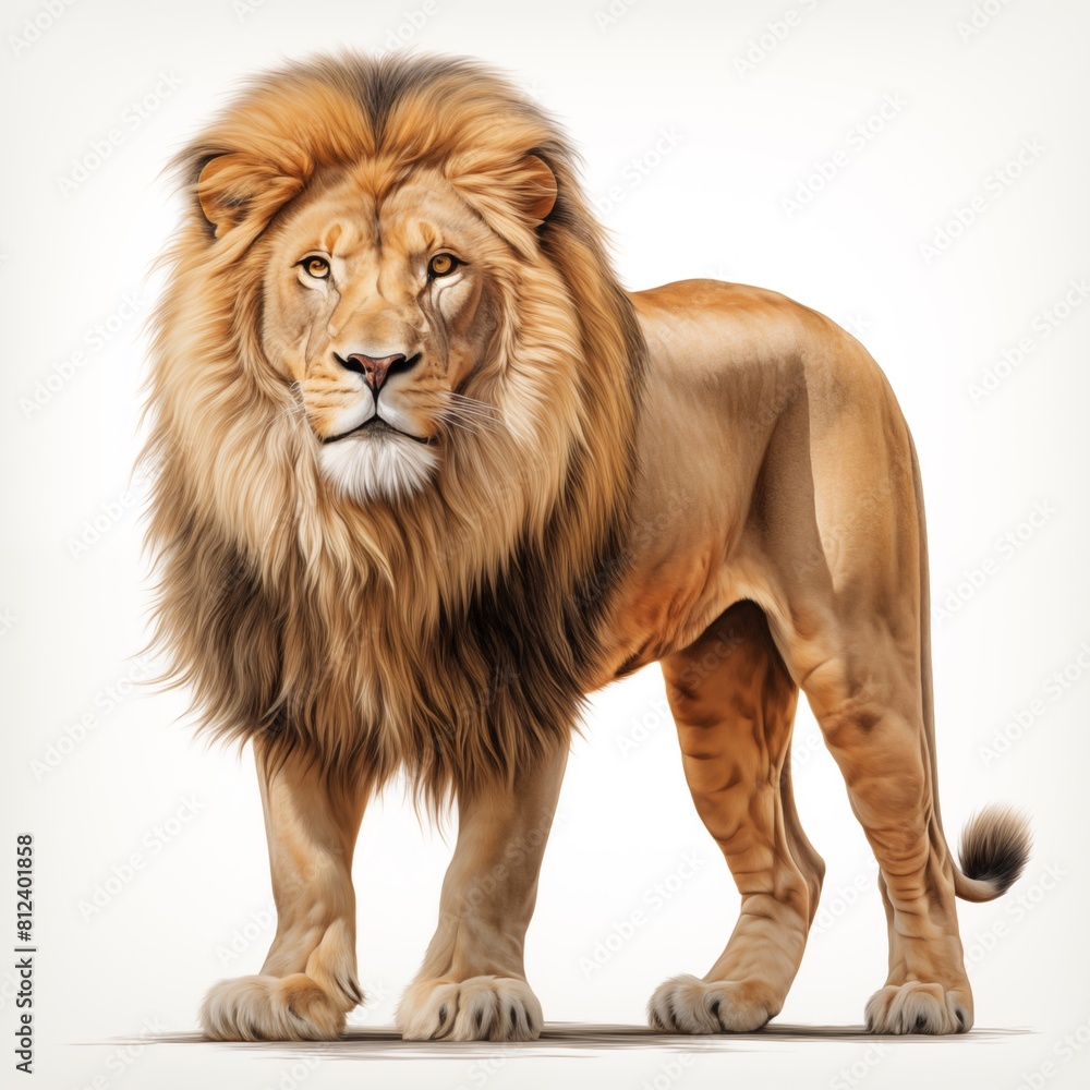 Illustrate a powerful adult Lion standing proudly, its horn prominent, against a pristine white backdrop 