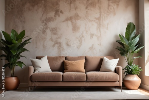 living room gainst blank brown stucco wall with copy space, home. photo