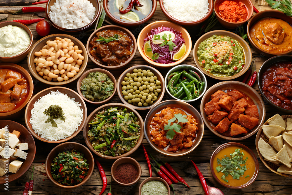 Assorted indian cuisine feast on wooden table