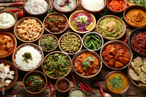 Assorted indian cuisine feast on wooden table photo