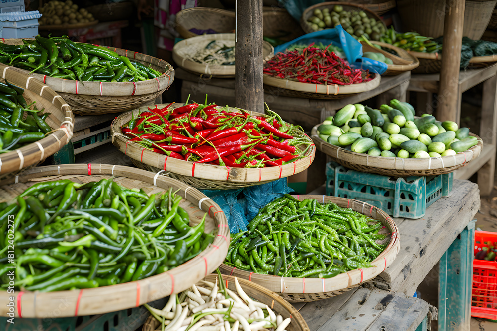 Fresh chili peppers and vegetables in market