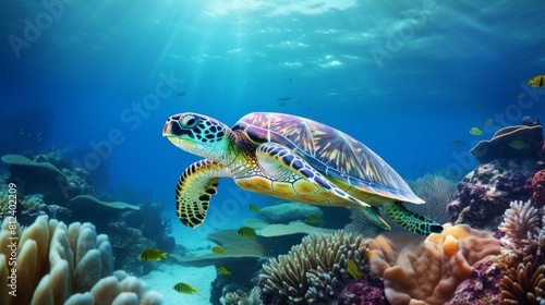 a turtle swimming in the ocean in the reef