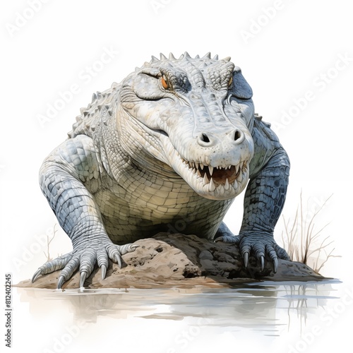 Illustrate a powerful adult Crocodile standing proudly  its horn prominent  against a pristine white backdrop 