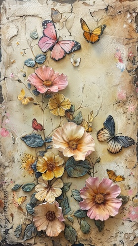 Watercolor of a vintage beautiful floral with butterflies