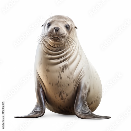 Illustrate a powerful adult seal standing proudly, its horn prominent, against a pristine white backdrop 