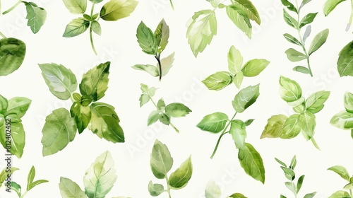 Watercolor herbs, including basil and mint, perfect for culinary or garden themes seamless pattern