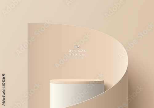 3D beige round product podium background with papercut swirl flow scene. Abstract composition in minimal design. Studio showroom product pedestal, Fashion showcase mockup scene. Vector banner cosmetic