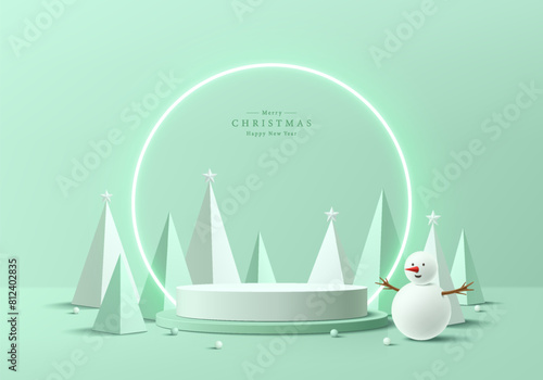 Christmas 3D podium background. Green round podium with neon light, Snowman, christmas tree in pyramid shape. Platform mockup product display presentation. Abstract composition minimal. Stage showcase