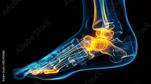 An X-ray of a foot with the ankle highlighted in yellow --ar 16:9 Job ID: c6c64c74-d96e-4729-a9cb-985c60b5a5ab