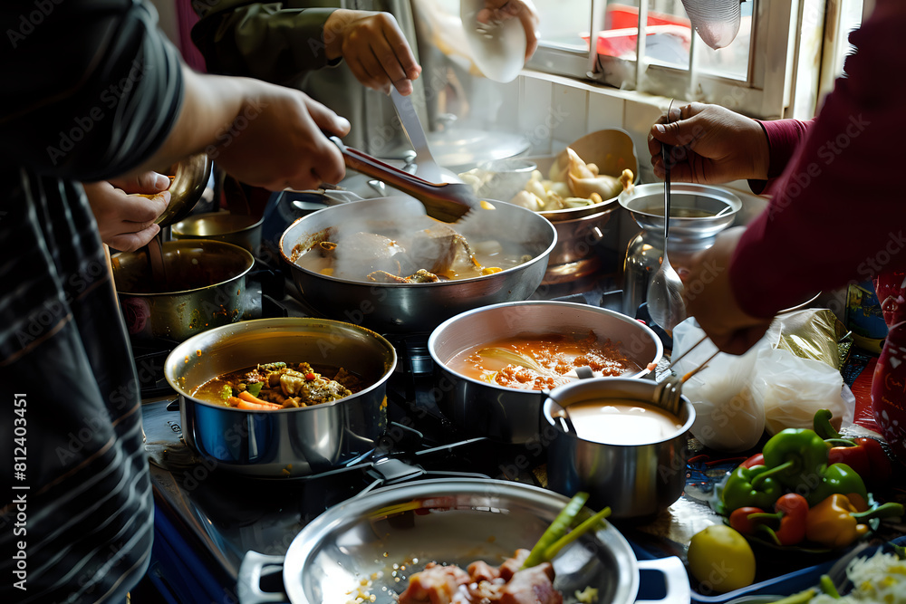 Bustling Home Kitchen Scene with Three Cooks Preparing Various Dishes Bustling Home Kitchen Scene with Three Cooks Preparing Various Dishes